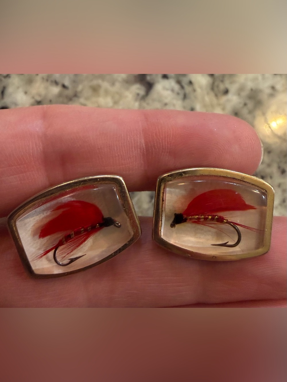 VTG 1950s Anson Fly Fishing Lure Cufflinks Gold Tone Red Feather Lucite MCM